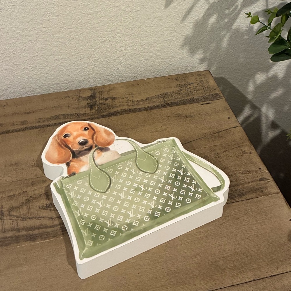 Woodblock Table-piece - Tan Dog in LOUIS VUITTON Luxury Bag.